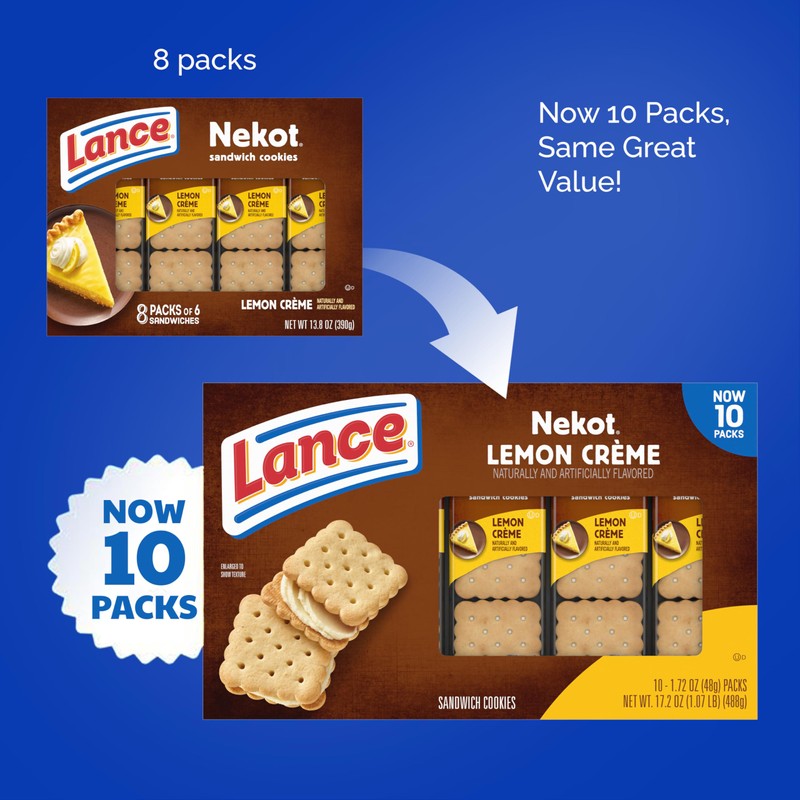 Lance Sandwich Cookies, Nekot Lemon Creme, 10 Individually Wrapped Packs,