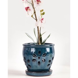 vensovo 5 Inch Ceramic Orchid Pots with Holes and Saucers - 1 Pcs Small Ceramic Orchid Planter Pots for Repotting, Plant Garden Pots for Orchid Indoor and Outdoor Promotes Air Circulation, Blue