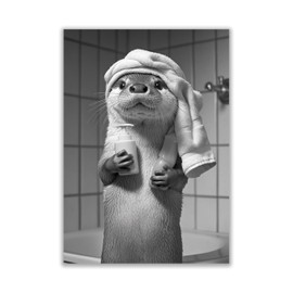WBdesignz Funny Otter Poster - Otter with Shampoo and Towel Turban in the Bathroom - Humorous Black and White Wall Decoration for Guest Toilet, Bathroom or Spa (A4) - Without Frame