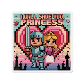 Whimsical 8-Bit Video Game Valentines Magnet | "I'll Save You, Princess" Gamer Valentine's Hoodie | Retro Knight and Princess Love Design - Color: 4" x 4"