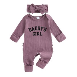 FIOMVA Im New Here Newborn Outfit Girl Long Sleeve Letter Romper Ribbed Knit Jumpsuit Baby Girl Preemie Coming Home Outfit, Daddy's Girl Purple, 3-6 Months