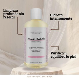 Nuestra Tierra Agua Micelar Humectante con Hidrolatos de Jazmín y Ácido Hialurónico Vegano, Limpiador Facial, 250ml