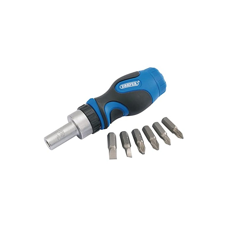 Draper Ratchet Screwdriver and 7 Bits Set |Stubby Soft Grip