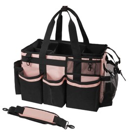 SCAVATA Wearable Cleaning Caddy, Cleaning Caddy Supplies Organizer with Handle & Shoulder Straps for Housekeepers, Under Sink & Car Cleaning Tool Organizers Bag with 4 Foldable Divider (Pink)