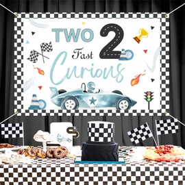 Kreatwow Two Fast 2 Curious Birthday Decorations Two Fast Backdrop Banner 4.92 x 3.28ft Race Car 2nd Birthday Decor Boys Blue Racing Themed Photo Background Vintage Race Car Party