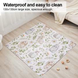 Tapete de Juego para Bebés, Patrón de Conejo 130x130cm / 51.2x51.2in Tapetes de Juego de Piso Suave, Tapete Plegable Portátil para el Tiempo de la Barriga del bebé para Interiores y Exteriores