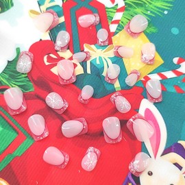 Christmas Press on Nails Short Red French Tip Fake Nails Square with Snowflake Golden Glitter Design Glue on Nails Xmas Light Pink Full Cover False Nails Glossy Chritmas Stick on Nails for Women 24Pcs