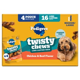 Pedigree Twisty Chews Medium/Large Long-Lasting Dog Treats Chicken & Beef Flavor, 9.17 oz. Pouch, Pack of 4 (16 Count)