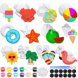 Sinmoe 12 Sets Summer Beach Ceramic Painting Kit Unpainted DIY Ceramic Figurines Hawaii Arts Crafts Paint Your Own Figurines with 12 Magnet 2 Brushes and 1 Palette Ceramic Painting Kit for Adults