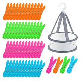 Rongrongago 48 Stück Wäscheklammern mit Korb, Bunt Handtuch Klammern, Kunststoff Wäscheklammern Ohne Abdruck, Winddicht und rutschfest Kluppen für Kleidung Socken Handtücher