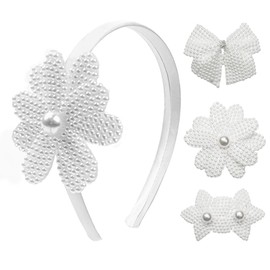 Baby Girl Interchangable Pearl Bow Flower Headbands and Clips Set, DIY Hair Accessories for Toddler Kids Teens (white pearls)