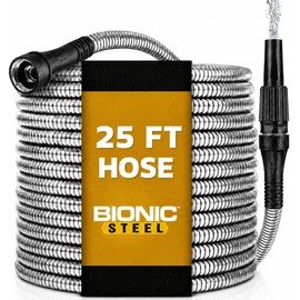 Bionic Steel 25 Ft Metal Garden Hose with Nozzle, 25Ft x 5/8 In. Premium 304 Stainless Steel Metal Water Hose, Flexible Non Kinking, Lightweight, Heavy Duty, for Yard, Outdoor