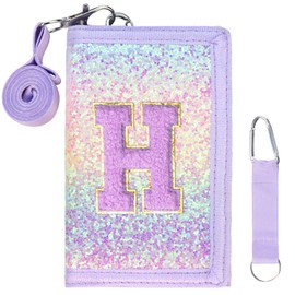 SiorVeol Girls Wallet for Kids Initial Glitter Wallets Trifold with Zipper and Card Slots Including Neck Lanyard and Hanging Strap, Pink Purple, H, Pink Purple, H
