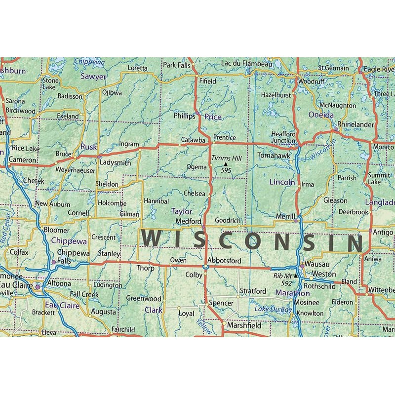 Wisconsin State Physical Map - 16.4 x 21.4 Inches -
