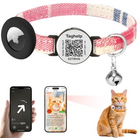 Grid Cloth Breakaway Cat Collar with QR Code Smart ID tag with AirTag Holder and Bell, Light, Adjustable,AirTag, Integrated Air Tag Cat Collar for Apple.Tracker for Girl Boy Cats Kittens (Pink)