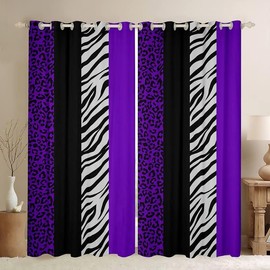 Homewish Leopard Print Window Curtains,Zebra Skin Texture Window Drapes for Kids Teens Adult,Striped Fashion Black White and Purple Window Treatments Grommet Top 2 Panel Set Curtains, 42Wx84L inch