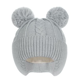 Creekstone Baby Beanies Toddler Pom Pom Beanie with Ear Flaps Warm Cute Fleece Lined Kids Winter Hat for Baby Girls Boys (CA/US, Age, 0 Months, 6 Months, Grey)