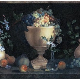 CONCORD WALLCOVERINGS ™ Wallpaper Border Fruits Vintage Pattern Fruit Table with Grapes Flowers Pears and Vases, Black Beige Green Blue, 15 ft by 7 in 65088