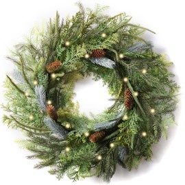 Decorbyhannah Christmas Wreath, 24 inch Prelit Collapsible Norfolk Pine Christmas Wreaths for Front Door, Aritificial Cypress Christmas Wreath with Lights for Outdoor Window Table Holiday Decorations