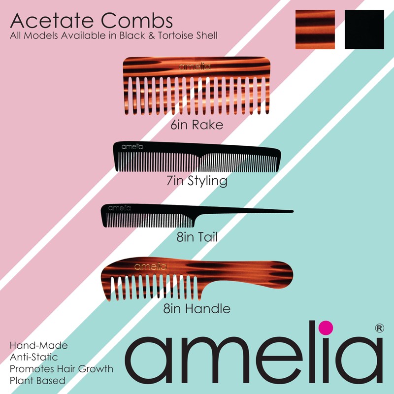 Amelia Beauty Cellulose Acetate 7in Styling Comb, Handmade, Smooth Edges,