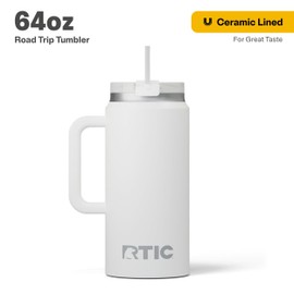 RTIC 64 oz Ceramic Lined Insulated Road Trip Tumbler, Leak-Resistant Lid, White