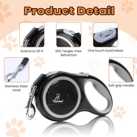 26 FT Retractable Dog Leash Strong Nylon Tape No Tangle, Heavy Duty Great Leash for Dog up to 110 lbs, Pause, Lock, Perfect for Small-X Large Dogs One-Handed Brake (Black)