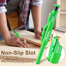 Hiboom 2 Pack Solid Carpenter Pencils with Pencil Cap and 18 Refills, Long Nose Deep Hole Mechanical Pencil Marker, Scribe Tool with Built-in Sharpener for Construction Woodworking Architect (Green)