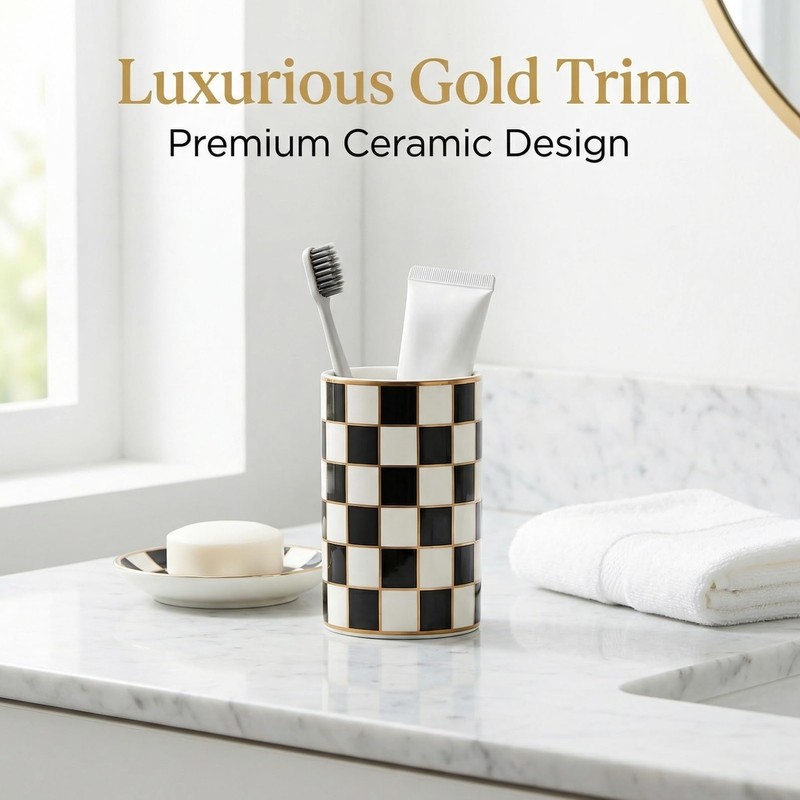 Checkered Ceramic Toothbrush Holder, Cute & Durable for Bathroom, Ideal