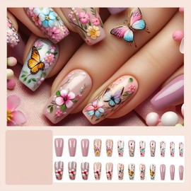FNKFNK Butterfly Press on Nails Medium Coffin Fake Nails with Flower Designs Colorful Flowers False Nails Spring Summer Pink Petal False Nails Reusable Butterflies Glue on Nails for Women 24Pcs