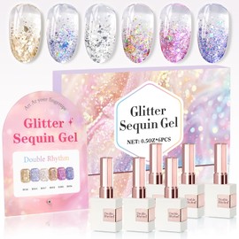 Double Rhythm 0.5 Oz Glitter Gel Polish Set of 6 Color with Display Board 15 ml Full Size Kit Shimmer Reflective Sparkle Soak Off Manicure Salon DIY at Home (Gold Blue Silver Purple Pink-T6-37)