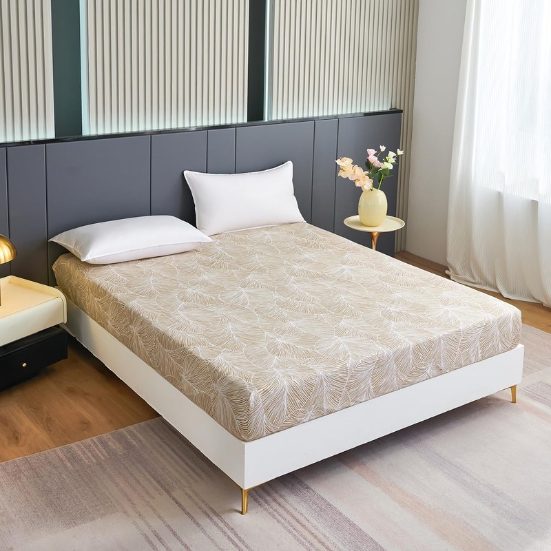 Jemiipee Double Fitted Sheet Beige Tropical Leaves Pattern, 30 cm