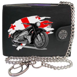 Biker Classic Vintage Motorbike Motorcycle Georgia Flag Mens Chain Wallet Gift Box KLASSEK Brand Real Black Leather RFID Blocking with Coin Pocket