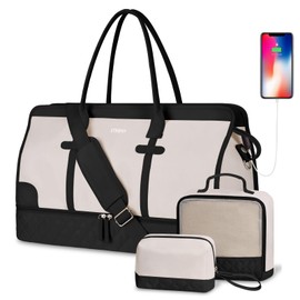 ETRONIK Weekender Overnight Bag for Women, Large Travel Duffle Bag with Shoe Compartment & Wet Pocket, Carry On Tote Bag Gym Duffel Bag with Toiletry Bag, 3 Pcs Set, XL Size, Beige&Black