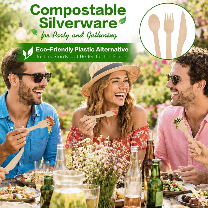Mwellewm 100% Compostable Cutlery Set Wooden Utensils Disposable Silverware