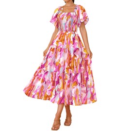 BTFBM Summer Floral Dress for Women 2025 Spring Boho Short Sleeve Square Neck Smocked Flowy Maxi Beach Vacation Dresses(Floral Brown Purple, Medium)