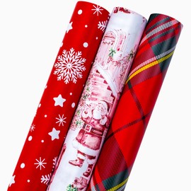 MAYPLUSS Christmas Wrapping Paper Rolls - 17" X 120" Per Roll - Classic Vintage Funky Red Santa Claus, Snowflakes, and Plaid Pattern Christmas Gift Wrap Present Paper for Holiday, Festive Celebrations