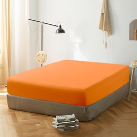 FLXXIE Queen Fitted Sheet Only, Brushed Microfiber Deep Pocket Fitted Sheet, Soft, Wrinkle-Free, Stain-Resistant, Fitted Bed Sheet, Bottom Sheet, Orange