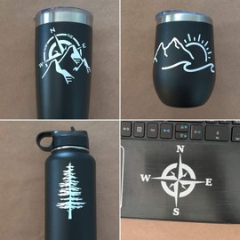 Compass Mountain Decal 4 Pack: Moutains with Compass, Mountain Sun Waves, Pine Tree, Compass (White, Small ~3.5")