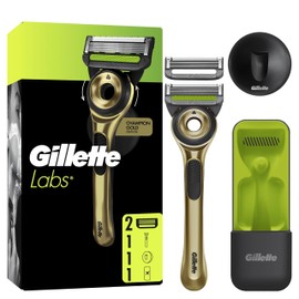 GilletteLabs With Exfoliating Bar, Razor For Men Champion Gold Edition, 1 Handle - 2 Blades, Includes Travel Case for Convenient Storage On The Go and Wall Hanger for Easy Storage in the Bathroom