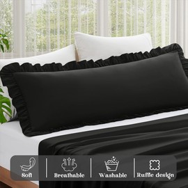 KKJIAF Ruffle Body Pillow Cases Set of 1, Ruffled Pillow Covers with Envelope Closure, Body Pillowcases Size of 20" x 54", Ruffled Long Pillow Shams, Black