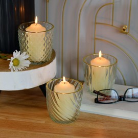 Modernist Home Gold Rimmed Candle Holders, Set of 3, for Tea Lights and Votives, Clear Glass, Fancy Patterns, 3.5 D x 3.5 H Inches