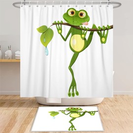 SDOTPMT 90x183cm Süß Karikatur Frosch Duschvorhang Wenig Frosch an Baum Zweig Grün Laub Badevorhang Sommer Tier Weiß Badewannenvorhang für Kinder Badezimmer Polyester Wasserdicht mit Haken
