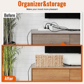 Posprica Cable Management Box with Lid, 2 Pack Handwoven Faux Ratten Cord Hider Organizer Boxes, 2 Side Open Slots Storage Box to Hide Cords and Power Strip for Desk, Floor, Office