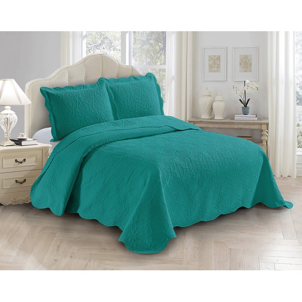 AZORE LINEN Solid Bedspread Quilt Coverlet Bedding Set Embossed with Seamless Daisy Floral Trellis Ornament Pattern - Allison (Turquoise, Full / Queen)