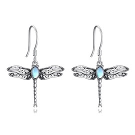 VONALA Dragonfly Earrings for Women Sterling Silver Dragonfly Turquoise / Moonstone / Crystal Drop Earrings Dragonfly Jewellery Gifts for Women Teens Girls, Silver, Moonstone