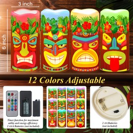 Baquler 4 Pcs Tribal Tiki Flickering Flameless Candles Hawaiian Luau LED Battery Operated Flickering Candles Eid Mubarak Lights with 18-Key Remote for Summer Holiday Tiki Bar Party Table Decorations
