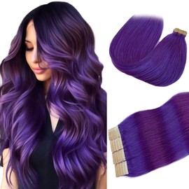 Purple Tape in Hair Extensions Human Hair 60g for Women 20 Pcs/Package Silky Straight Purple Colored PU Seamless Skin Weft Hair Extensions
