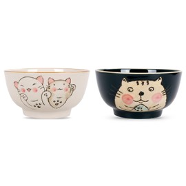 CoolChange Cute Japanese Rice Bowl Set | Hand Painted | 2 Pieces | Asian Dining Bowls | Decor: Cats