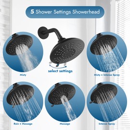 Cinwiny Bathtub Shower Faucet Set Wall Mounted 6 Inch 5-Spray Rainfall Shower Head with Rough-in Valve Single Handle Control Shower Trim Kit without Tub Spout, Matte Black
