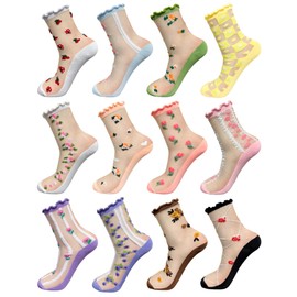 LOHO WONDERZ 12 Pairs Flower Sheer Socks, Cute Floral Ruffle Frilly Lace Socks for Women Girls Summer Thin Sock (US, Alpha, One Size, Regular, Regular, Vintage)